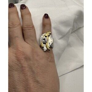 Vintage J. Jansen Gold Silver Tone Hammered Crystal Cocktail Ring Size 6.5